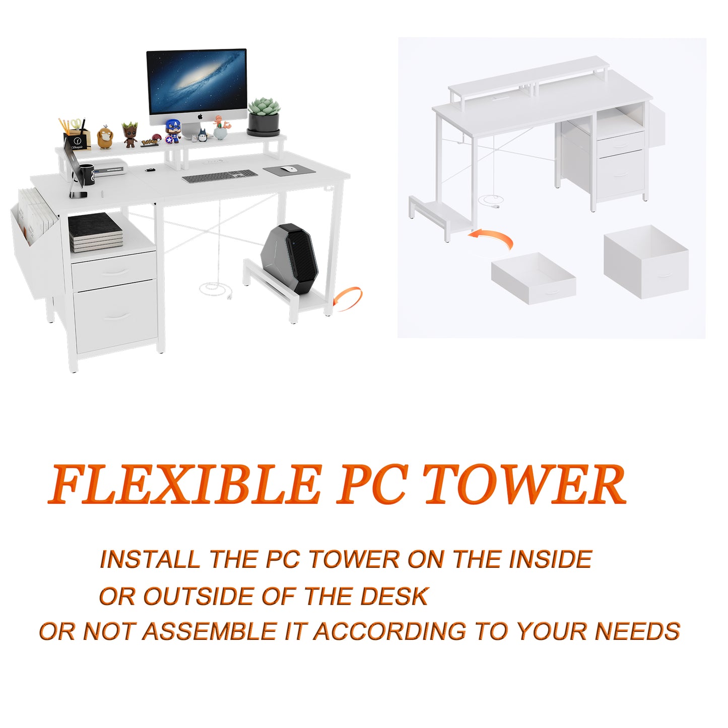 47.3"office desk with power outlet,2 Monitor Stands,2 drawers,Side Pocket,Easy to Assemble,Frame stability Reversible,use for home desk, computer desk, game table,White