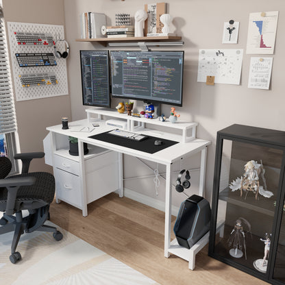 47.3"office desk with power outlet,2 Monitor Stands,2 drawers,Side Pocket,Easy to Assemble,Frame stability Reversible,use for home desk, computer desk, game table,White