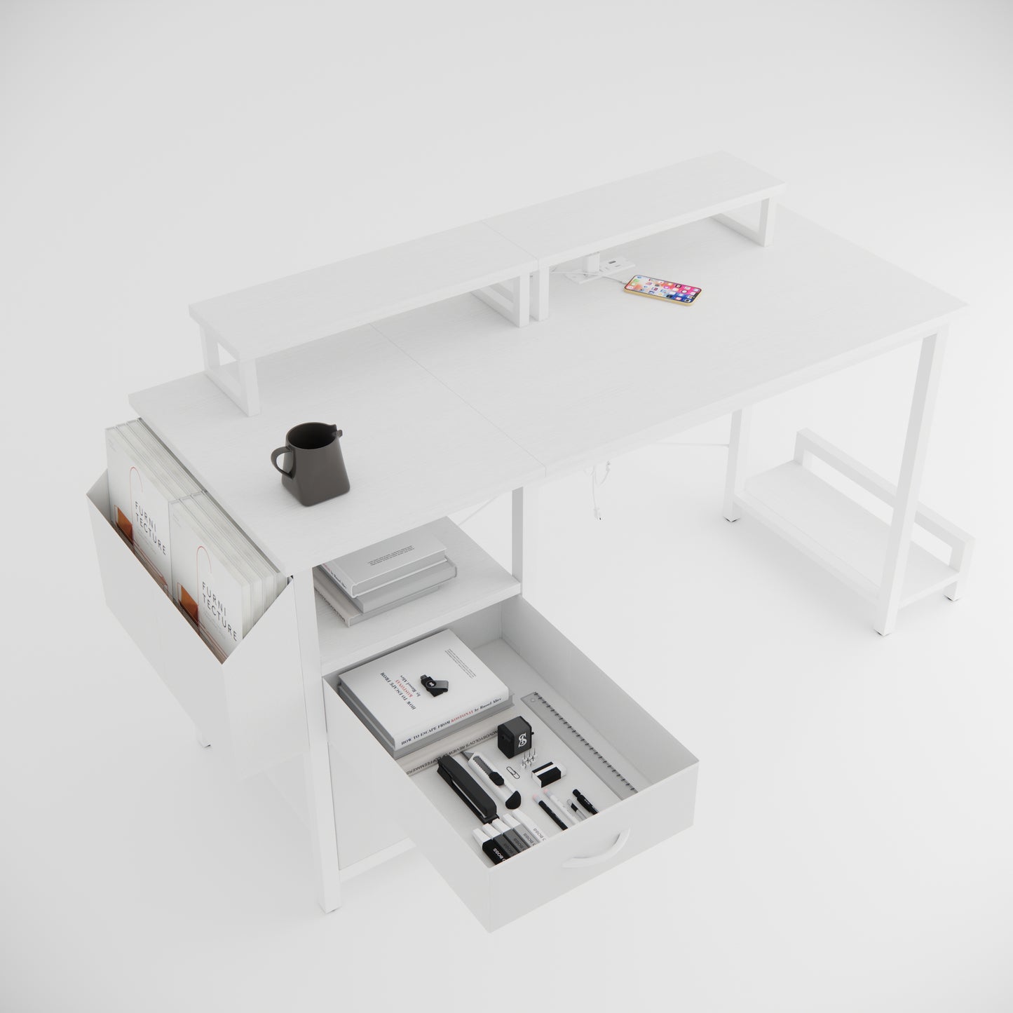 47.3"office desk with power outlet,2 Monitor Stands,2 drawers,Side Pocket,Easy to Assemble,Frame stability Reversible,use for home desk, computer desk, game table,White