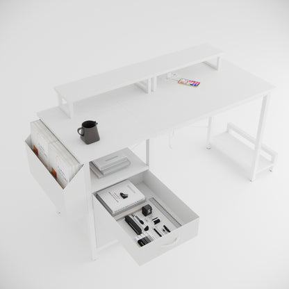 47.3"office desk with power outlet,2 Monitor Stands,2 drawers,Side Pocket,Easy to Assemble,Frame stability Reversible,use for home desk, computer desk, game table,White