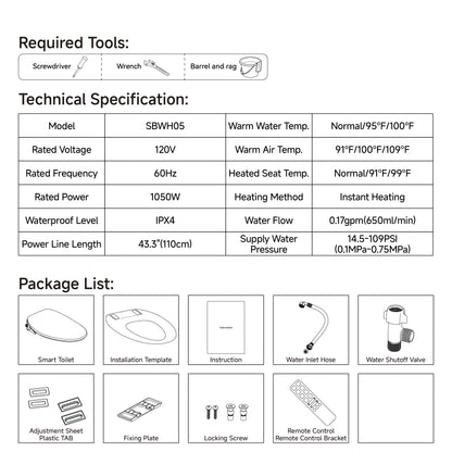 Electric Cushion Toilet Seat, Warm Water with Air Dryer, Heated Seat with Sensor and Slow Closing Cover, Strong and Weak Massage Cleaning, Night Light, Remote Control,