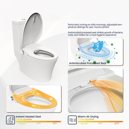 Electric Cushion Toilet Seat, Warm Water with Air Dryer, Heated Seat with Sensor and Slow Closing Cover, Strong and Weak Massage Cleaning, Night Light, Remote Control,