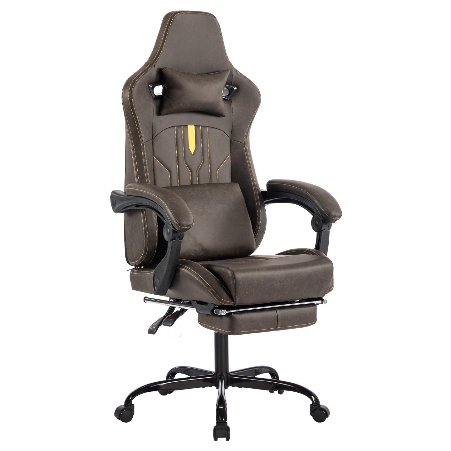 Gaming Chair, Video Game Chair with Massage Lumbar Support and Footrest, Comfortable Ergonomic Computer Chair with Linkage Armrests, Height Adjustable Racing Game Chair Pu Leather for Adults,Brown