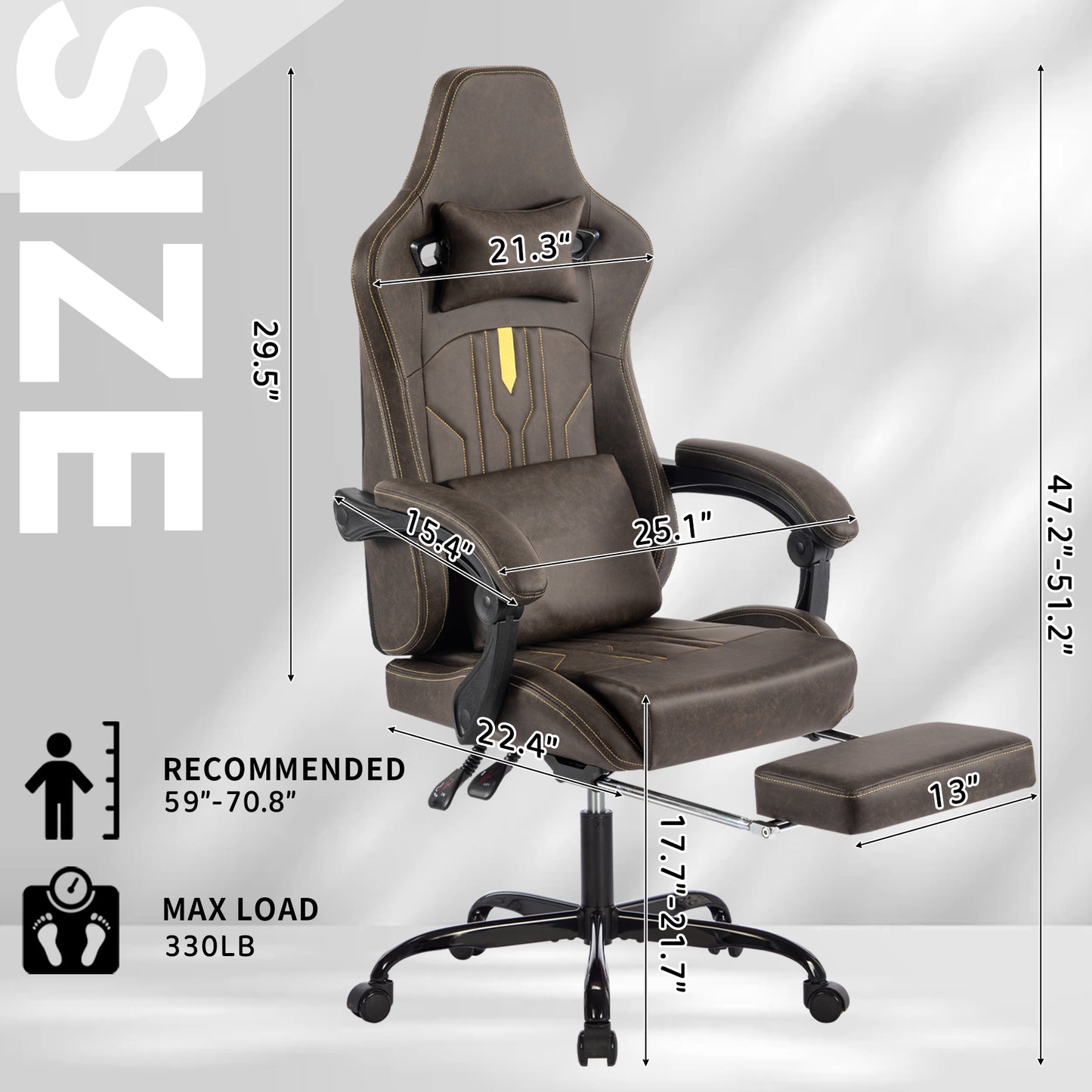Gaming Chair, Video Game Chair with Massage Lumbar Support and Footrest, Comfortable Ergonomic Computer Chair with Linkage Armrests, Height Adjustable Racing Game Chair Pu Leather for Adults,Brown