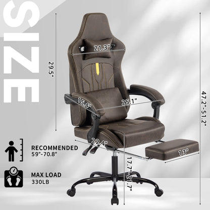 Gaming Chair, Video Game Chair with Massage Lumbar Support and Footrest, Comfortable Ergonomic Computer Chair with Linkage Armrests, Height Adjustable Racing Game Chair Pu Leather for Adults,Brown