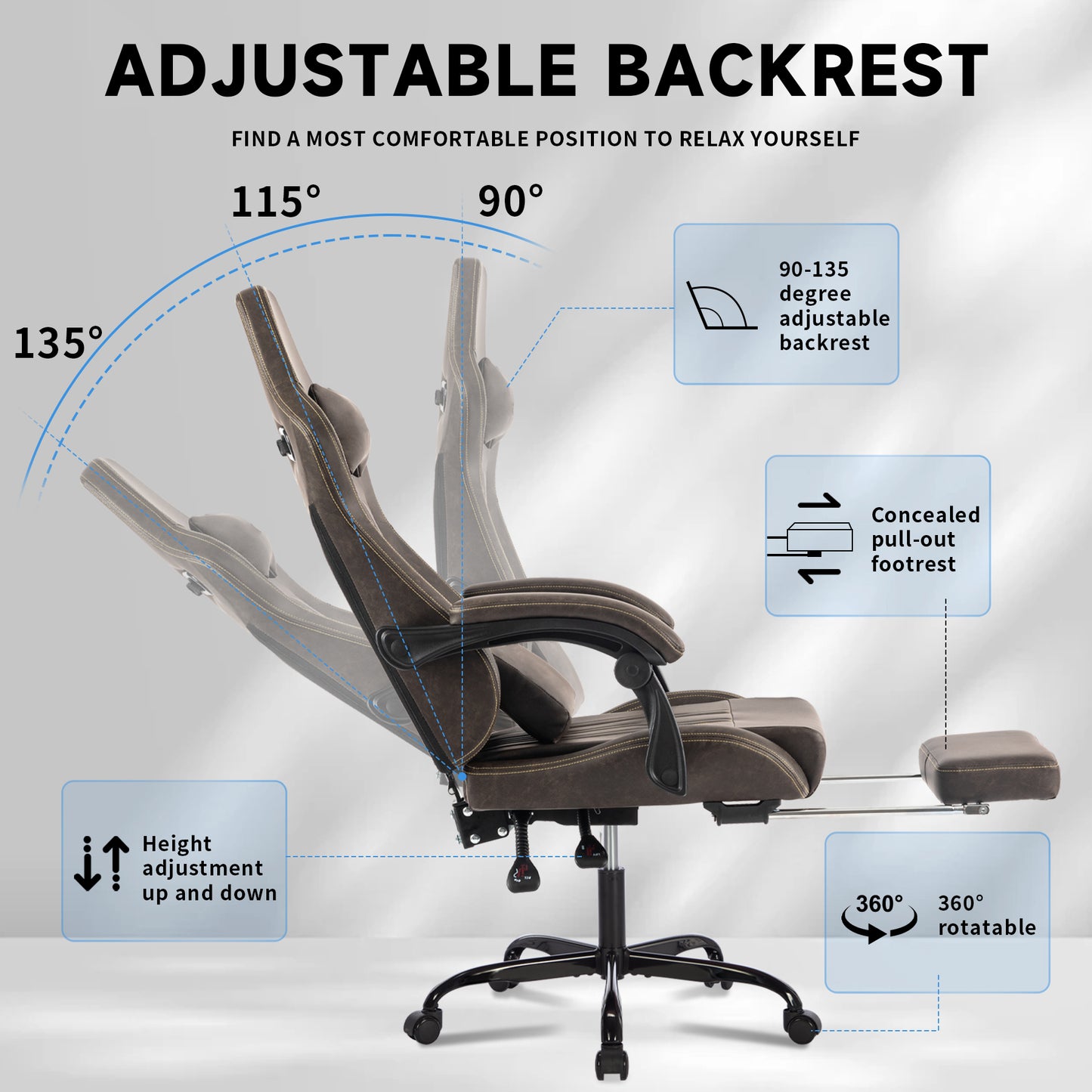 Gaming Chair, Video Game Chair with Massage Lumbar Support and Footrest, Comfortable Ergonomic Computer Chair with Linkage Armrests, Height Adjustable Racing Game Chair Pu Leather for Adults,Brown