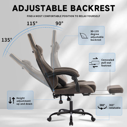 Gaming Chair, Video Game Chair with Massage Lumbar Support and Footrest, Comfortable Ergonomic Computer Chair with Linkage Armrests, Height Adjustable Racing Game Chair Pu Leather for Adults,Brown