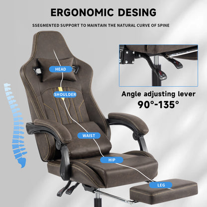 Gaming Chair, Video Game Chair with Massage Lumbar Support and Footrest, Comfortable Ergonomic Computer Chair with Linkage Armrests, Height Adjustable Racing Game Chair Pu Leather for Adults,Brown