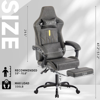 Gaming Chair, Video Game Chair with Massage Lumbar Support and Footrest, Comfortable Ergonomic Computer Chair with Linkage Armrests, Height Adjustable Racing Game Chair Pu Leather for Adults, Grey