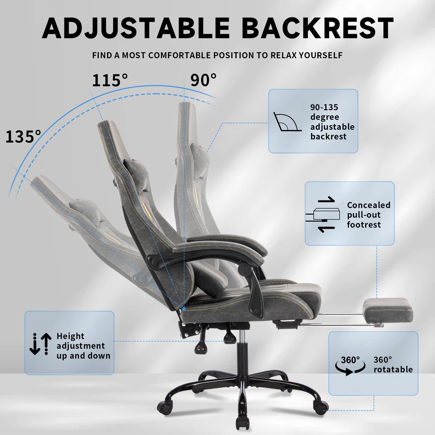 Gaming Chair, Video Game Chair with Massage Lumbar Support and Footrest, Comfortable Ergonomic Computer Chair with Linkage Armrests, Height Adjustable Racing Game Chair Pu Leather for Adults, Grey