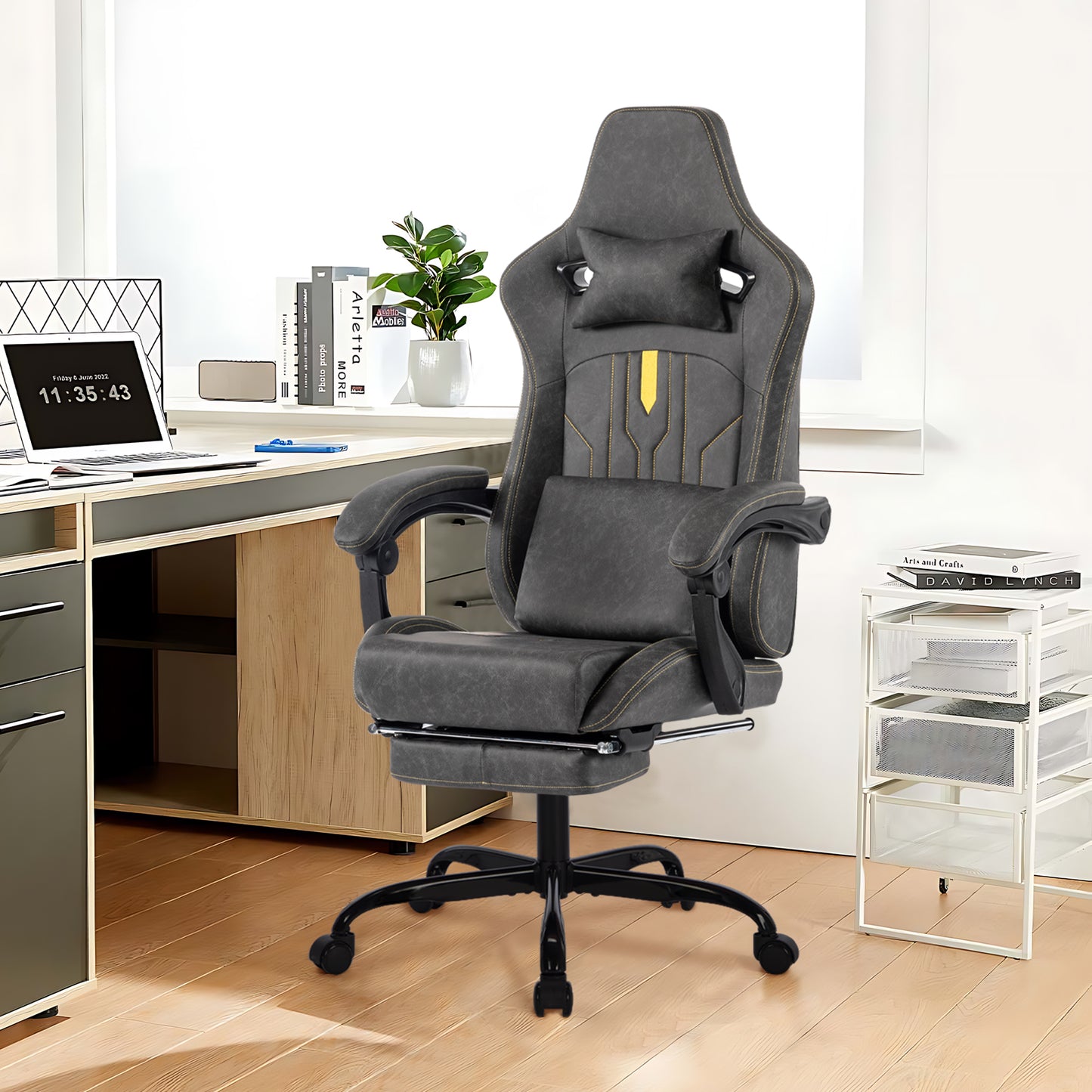 Gaming Chair, Video Game Chair with Massage Lumbar Support and Footrest, Comfortable Ergonomic Computer Chair with Linkage Armrests, Height Adjustable Racing Game Chair Pu Leather for Adults, Grey