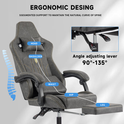 Gaming Chair, Video Game Chair with Massage Lumbar Support and Footrest, Comfortable Ergonomic Computer Chair with Linkage Armrests, Height Adjustable Racing Game Chair Pu Leather for Adults, Grey