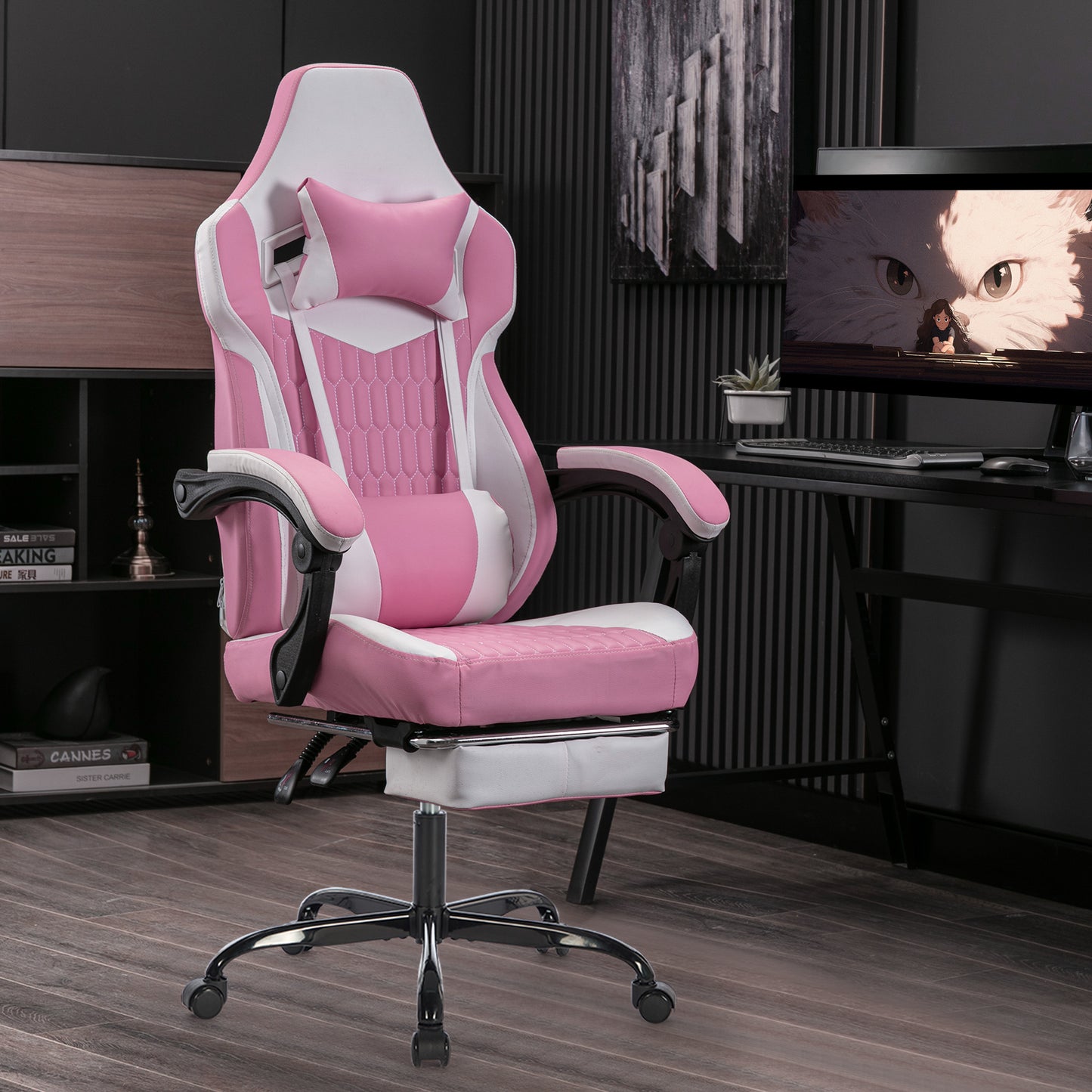 Gaming Chair with Footrest, High Back Gaming Chairs PVC Leather Ergonomic Gamer Chair with Adjustable Headrest Lumbar Support Racing Style Video Gaming Chair for Office/Home (Pink)