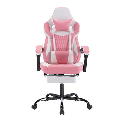 Gaming Chair with Footrest, High Back Gaming Chairs PVC Leather Ergonomic Gamer Chair with Adjustable Headrest Lumbar Support Racing Style Video Gaming Chair for Office/Home (Pink)