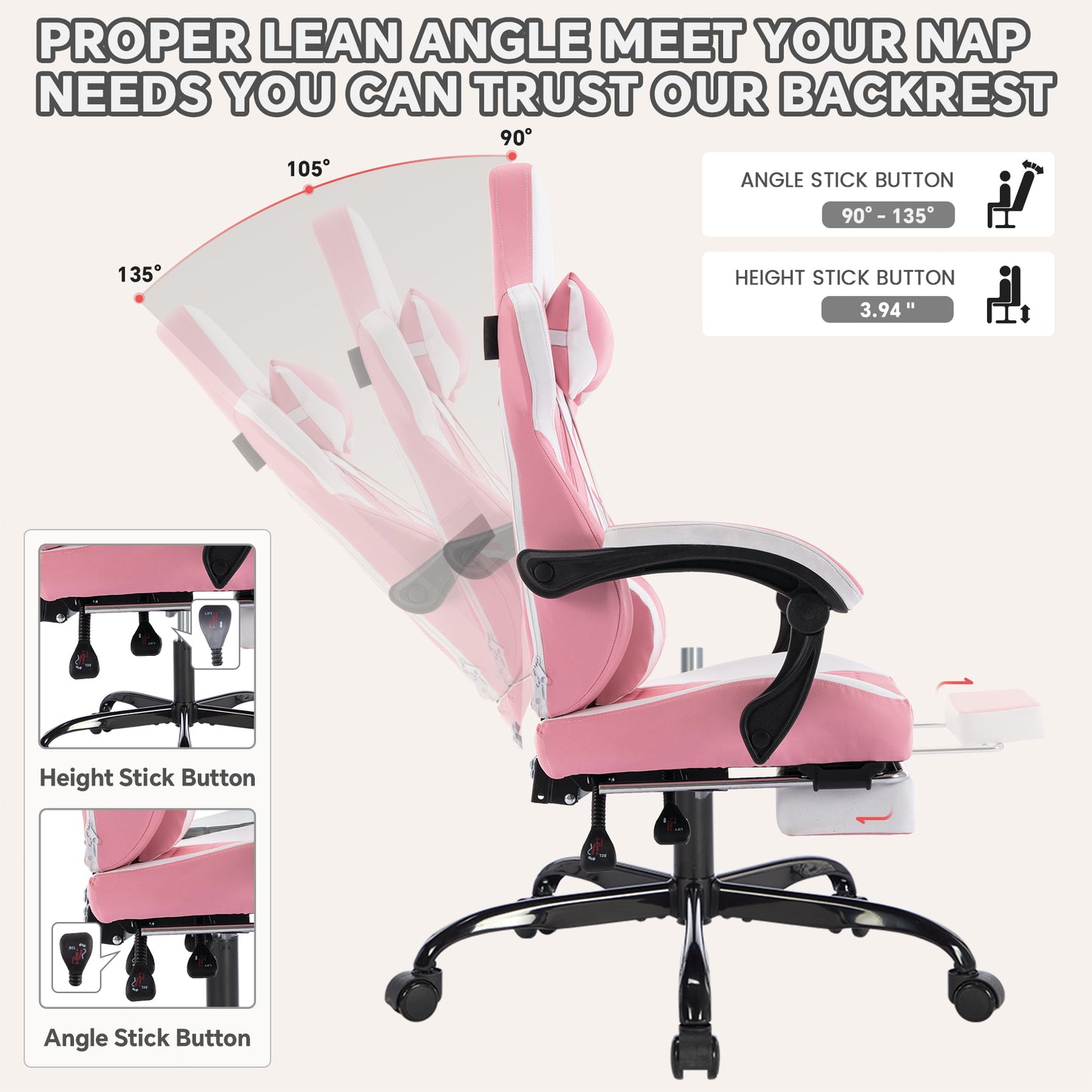 Gaming Chair with Footrest, High Back Gaming Chairs PVC Leather Ergonomic Gamer Chair with Adjustable Headrest Lumbar Support Racing Style Video Gaming Chair for Office/Home (Pink)