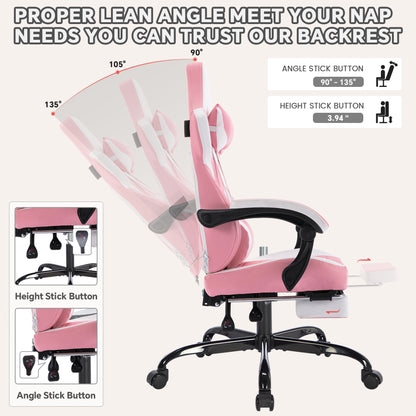 Gaming Chair with Footrest, High Back Gaming Chairs PVC Leather Ergonomic Gamer Chair with Adjustable Headrest Lumbar Support Racing Style Video Gaming Chair for Office/Home (Pink)