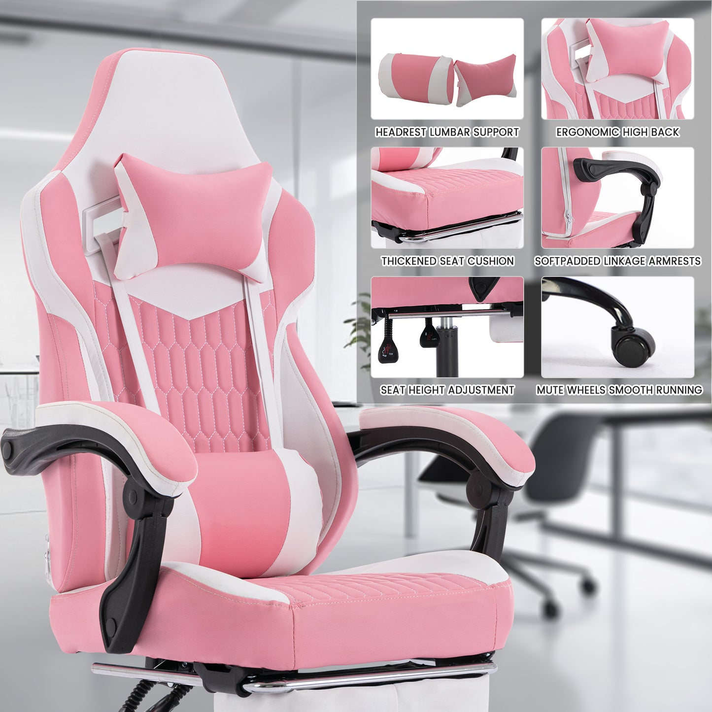 Gaming Chair with Footrest, High Back Gaming Chairs PVC Leather Ergonomic Gamer Chair with Adjustable Headrest Lumbar Support Racing Style Video Gaming Chair for Office/Home (Pink)