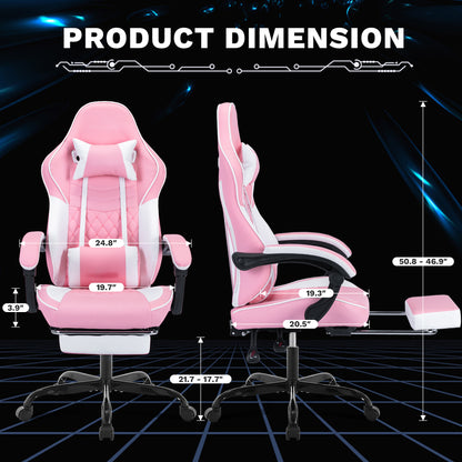 Ergonomic Video Gamer Chairs,Computer Gaming Chairs with Massage Lumbar Support and footrest,Racing Style Computer Chair Adjustable Headrest for Adults,Pink White