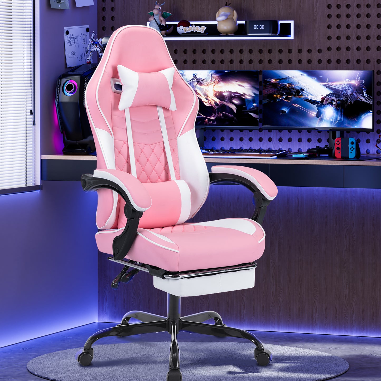 Ergonomic Video Gamer Chairs,Computer Gaming Chairs with Massage Lumbar Support and footrest,Racing Style Computer Chair Adjustable Headrest for Adults,Pink White