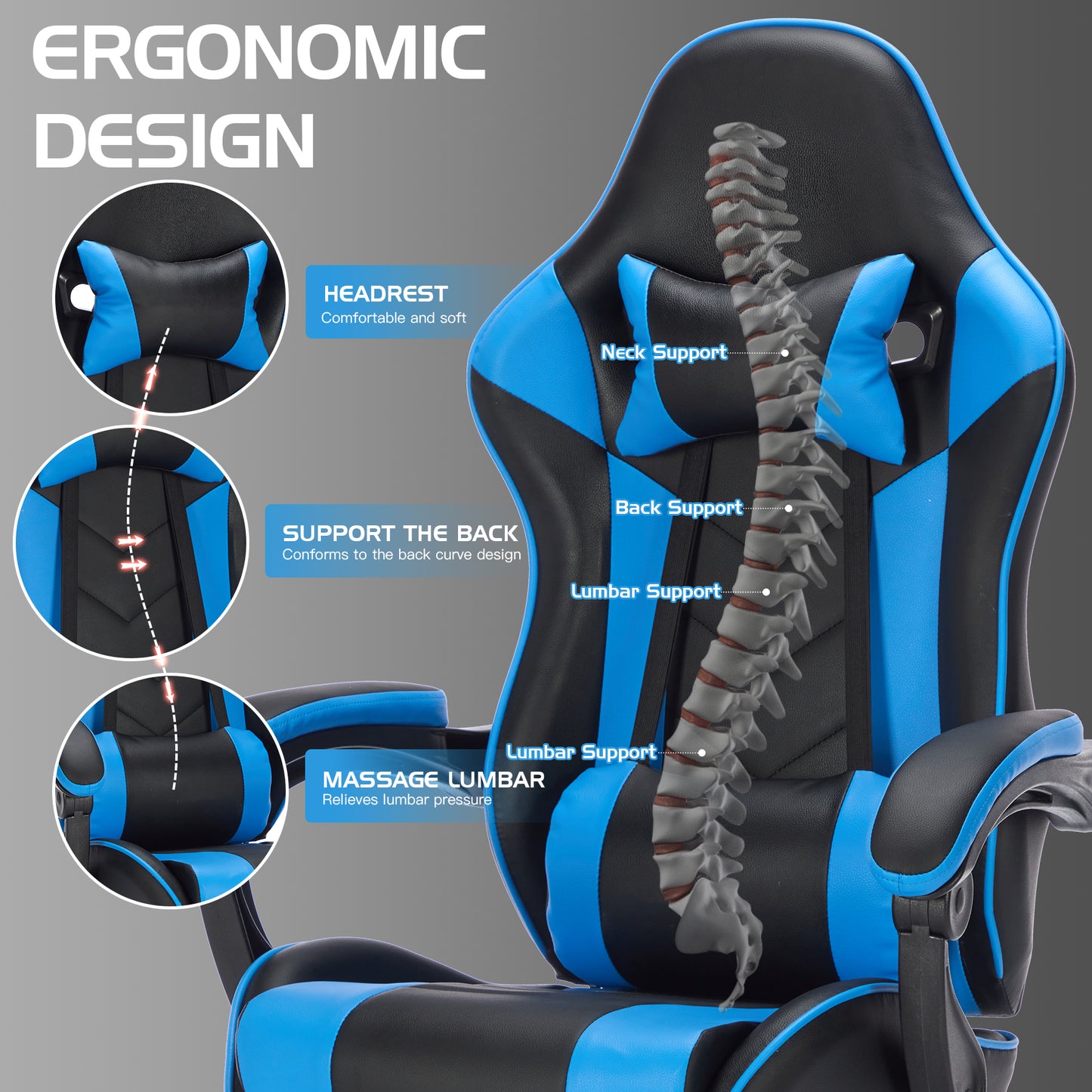 Gaming Chair with Footrest, Ergonomic Computer Chair with Headrest and Lumbar Support, Breathable Material Height Adjustable Video Game Chairs for Adults, Blackblue