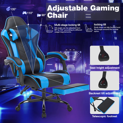 Gaming Chair with Footrest, Ergonomic Computer Chair with Headrest and Lumbar Support, Breathable Material Height Adjustable Video Game Chairs for Adults, Blackblue