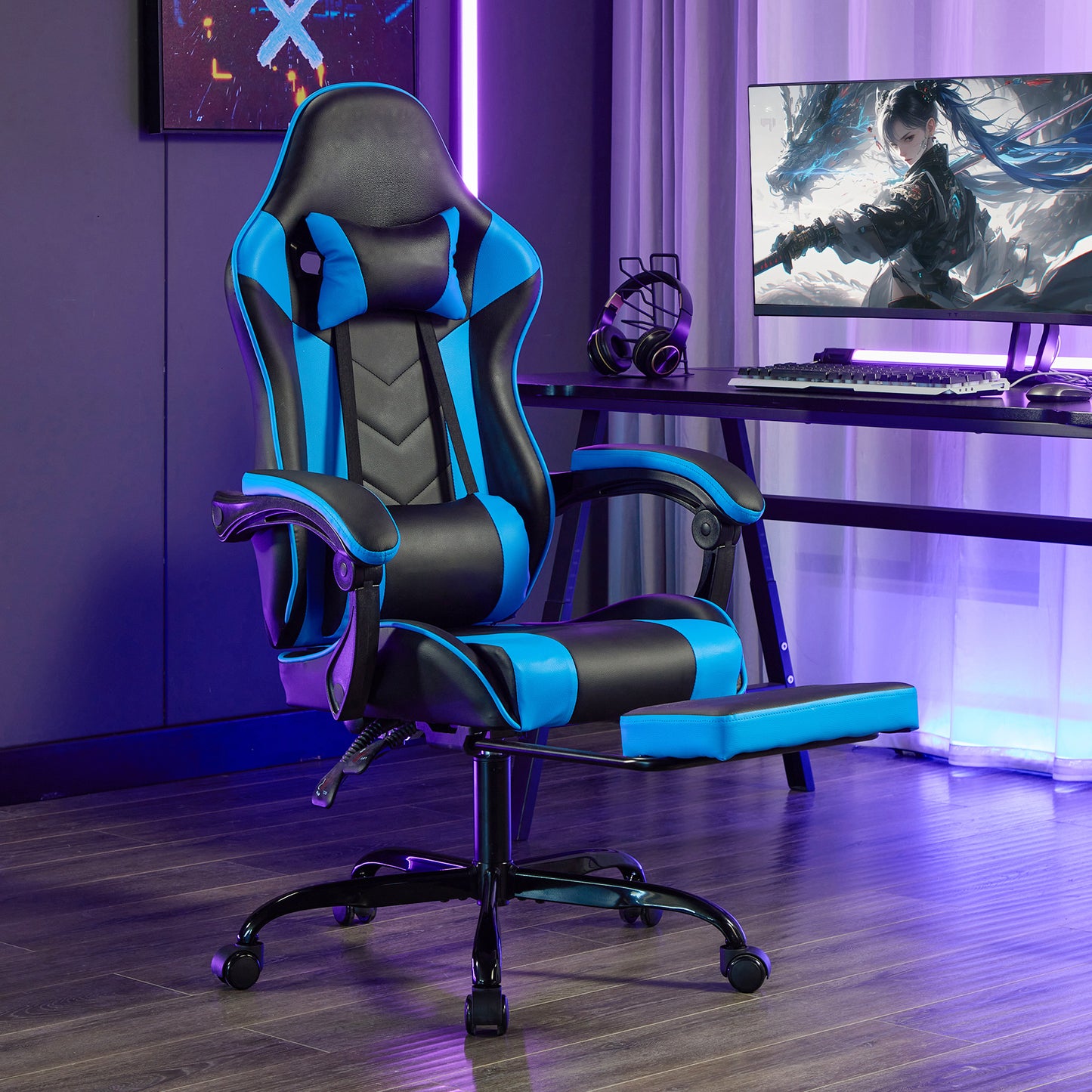 Gaming Chair with Footrest, Ergonomic Computer Chair with Headrest and Lumbar Support, Breathable Material Height Adjustable Video Game Chairs for Adults, Blackblue