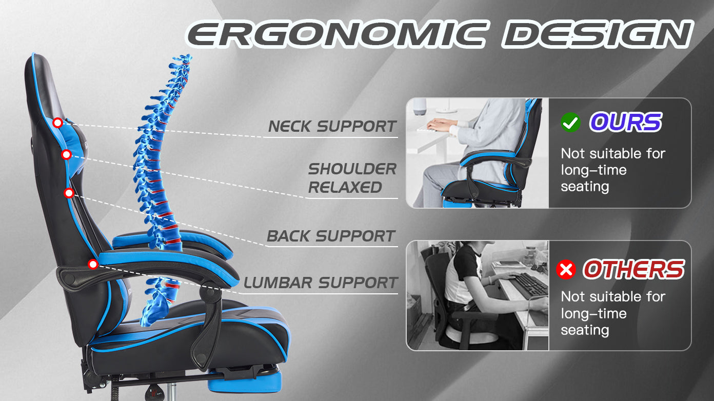 Gaming Chair with Footrest, Ergonomic Computer Chair with Headrest and Lumbar Support, Breathable Material Height Adjustable Video Game Chairs for Adults, Blackblue