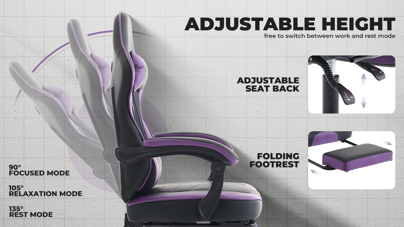 Gaming Chair, Ergonomic Computer Chair with Footrest and Massage Lumbar Support, Height Adjustable Swivel Video Game Chair for Adults, 300lb Max, Black Purple