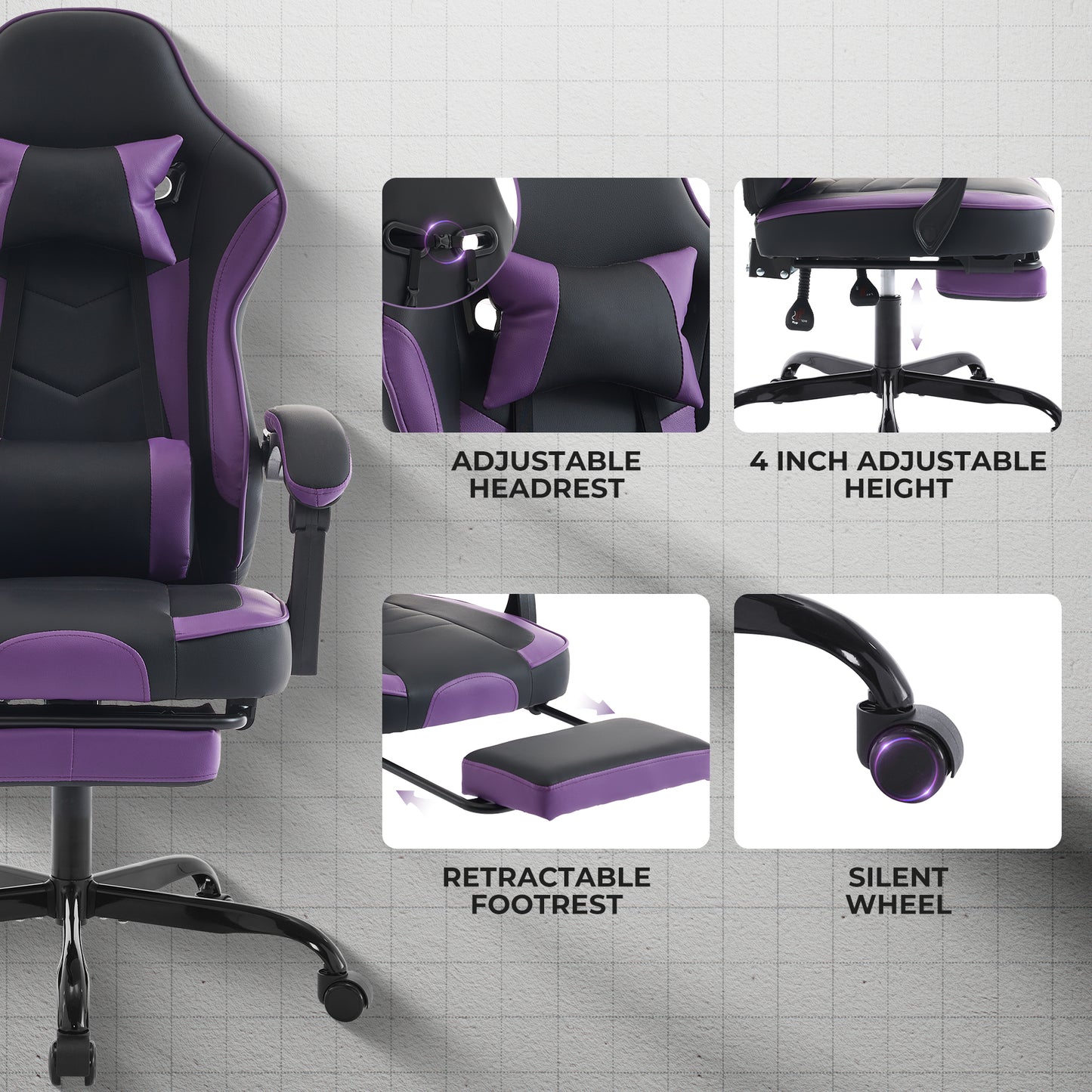 Gaming Chair, Ergonomic Computer Chair with Footrest and Massage Lumbar Support, Height Adjustable Swivel Video Game Chair for Adults, 300lb Max, Black Purple