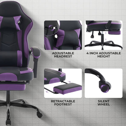 Gaming Chair, Ergonomic Computer Chair with Footrest and Massage Lumbar Support, Height Adjustable Swivel Video Game Chair for Adults, 300lb Max, Black Purple