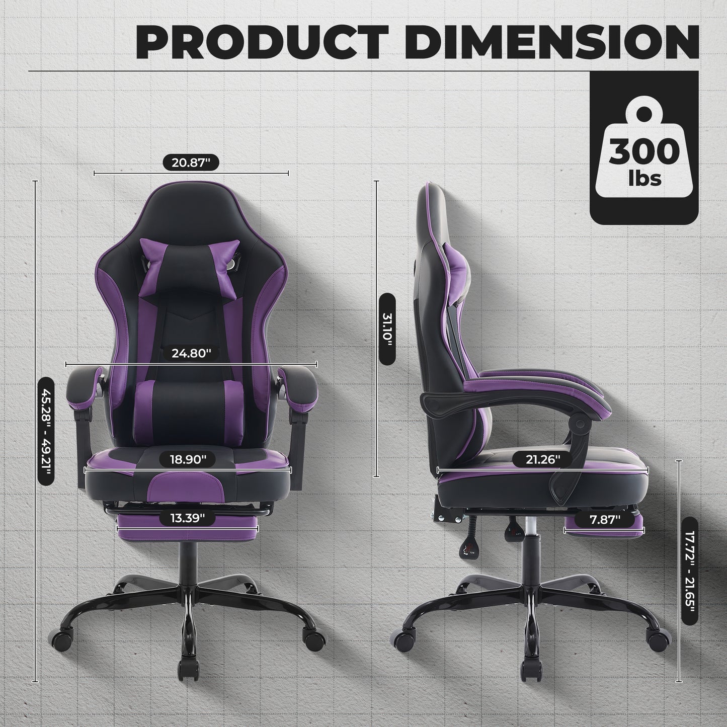 Gaming Chair, Ergonomic Computer Chair with Footrest and Massage Lumbar Support, Height Adjustable Swivel Video Game Chair for Adults, 300lb Max, Black Purple