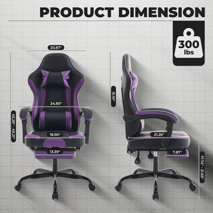 Gaming Chair, Ergonomic Computer Chair with Footrest and Massage Lumbar Support, Height Adjustable Swivel Video Game Chair for Adults, 300lb Max, Black Purple