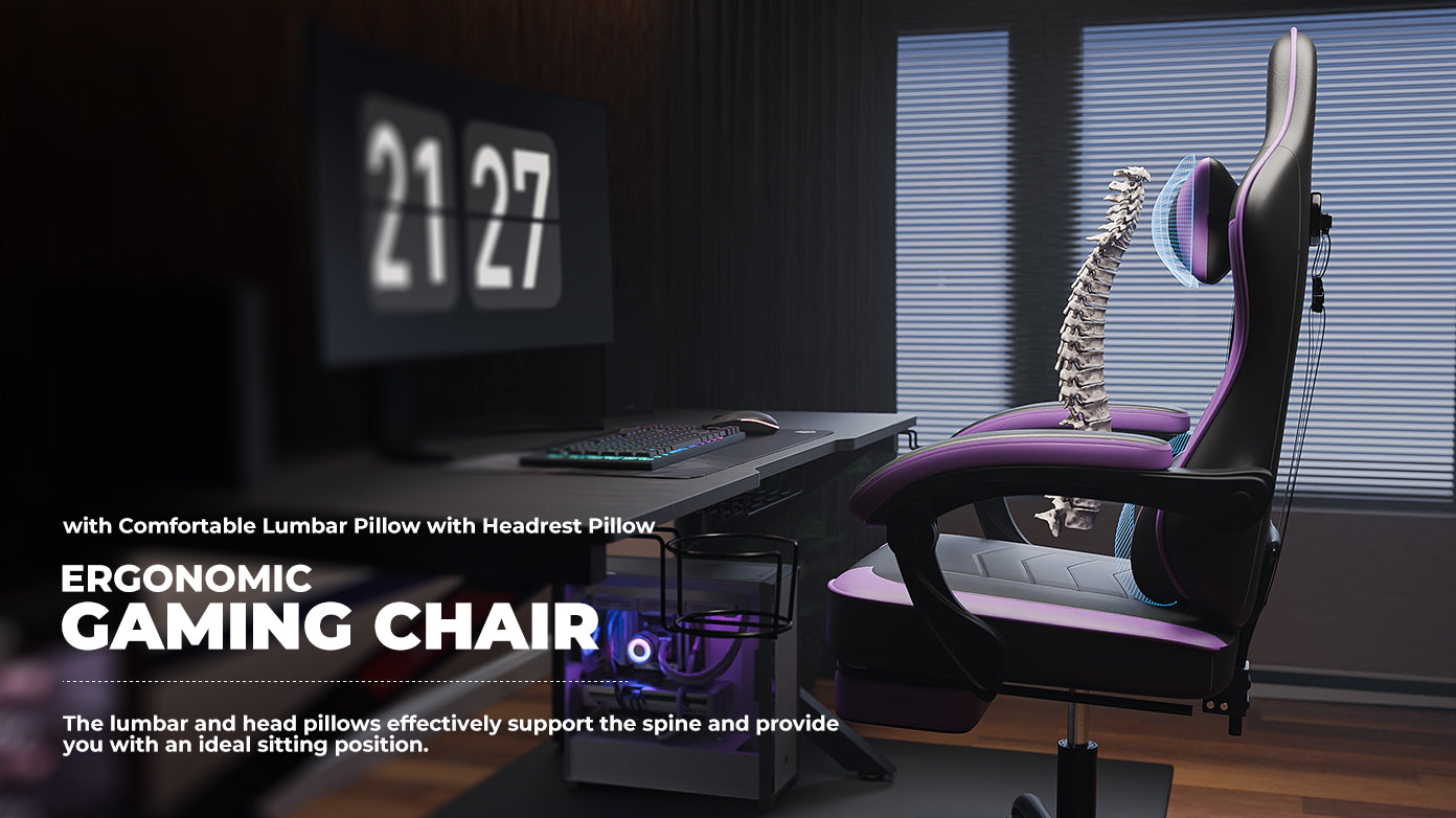 Gaming Chair, Ergonomic Computer Chair with Footrest and Massage Lumbar Support, Height Adjustable Swivel Video Game Chair for Adults, 300lb Max, Black Purple