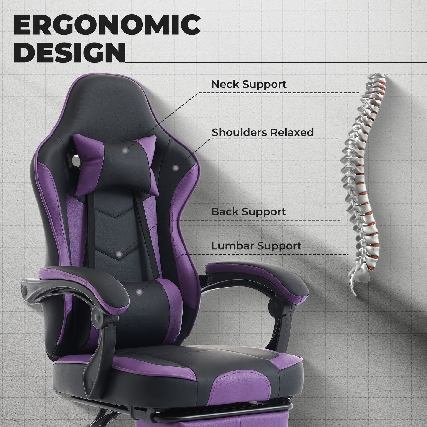 Gaming Chair, Ergonomic Computer Chair with Footrest and Massage Lumbar Support, Height Adjustable Swivel Video Game Chair for Adults, 300lb Max, Black Purple