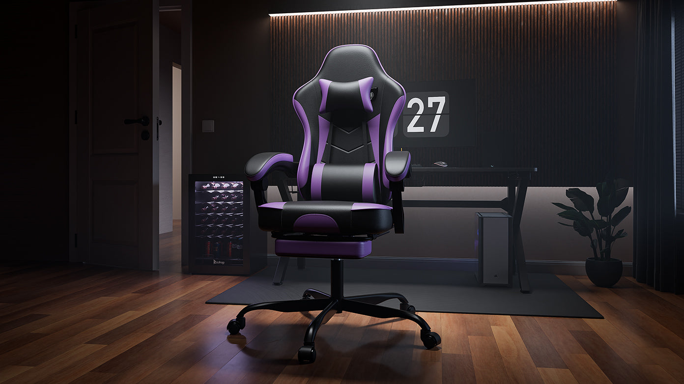 Gaming Chair, Ergonomic Computer Chair with Footrest and Massage Lumbar Support, Height Adjustable Swivel Video Game Chair for Adults, 300lb Max, Black Purple