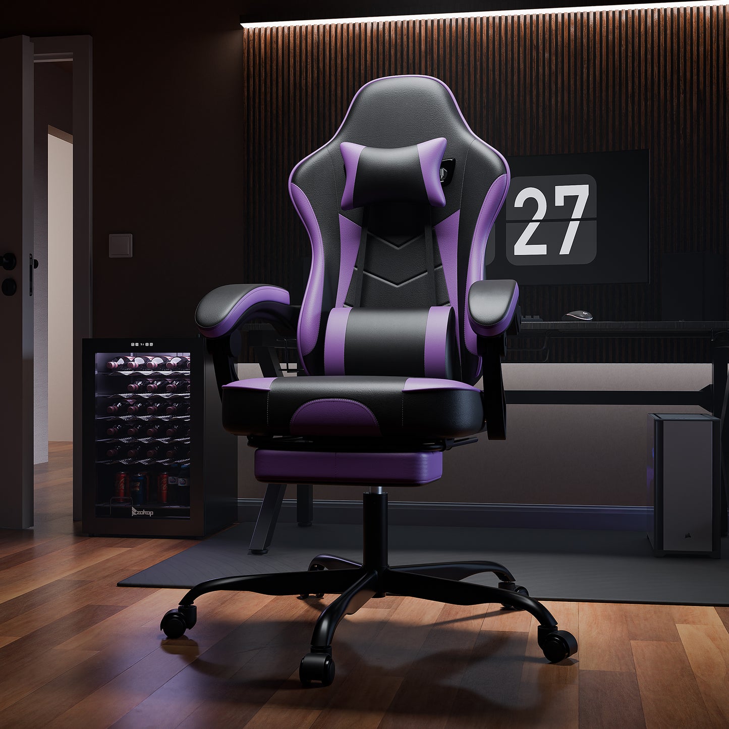 Gaming Chair, Ergonomic Computer Chair with Footrest and Massage Lumbar Support, Height Adjustable Swivel Video Game Chair for Adults, 300lb Max, Black Purple