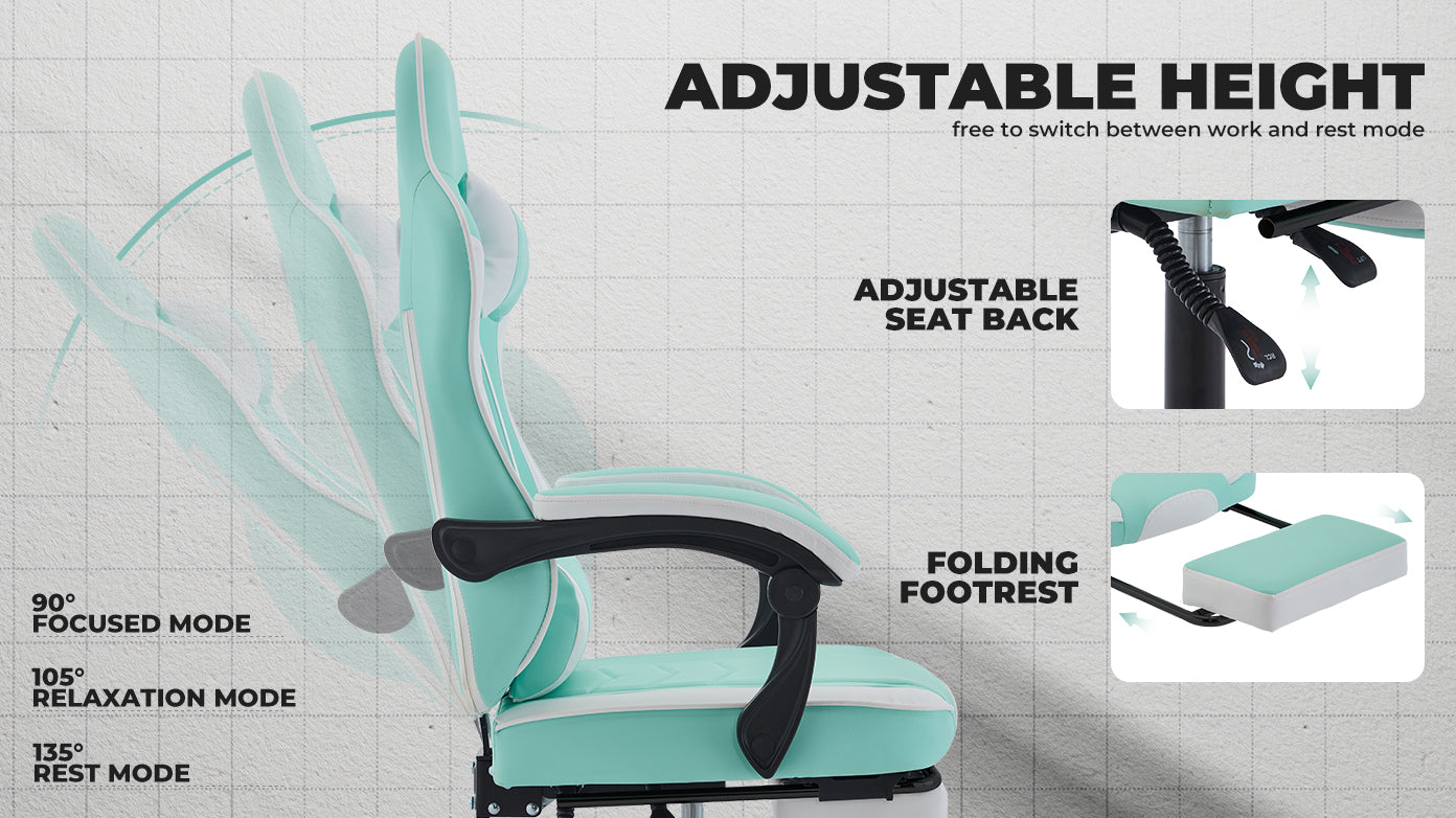 Gaming Chair, Ergonomic Computer Chair with Footrest and Massage Lumbar Support, Height Adjustable Swivel Video Game Chair for Adults, 300lb Max, Green