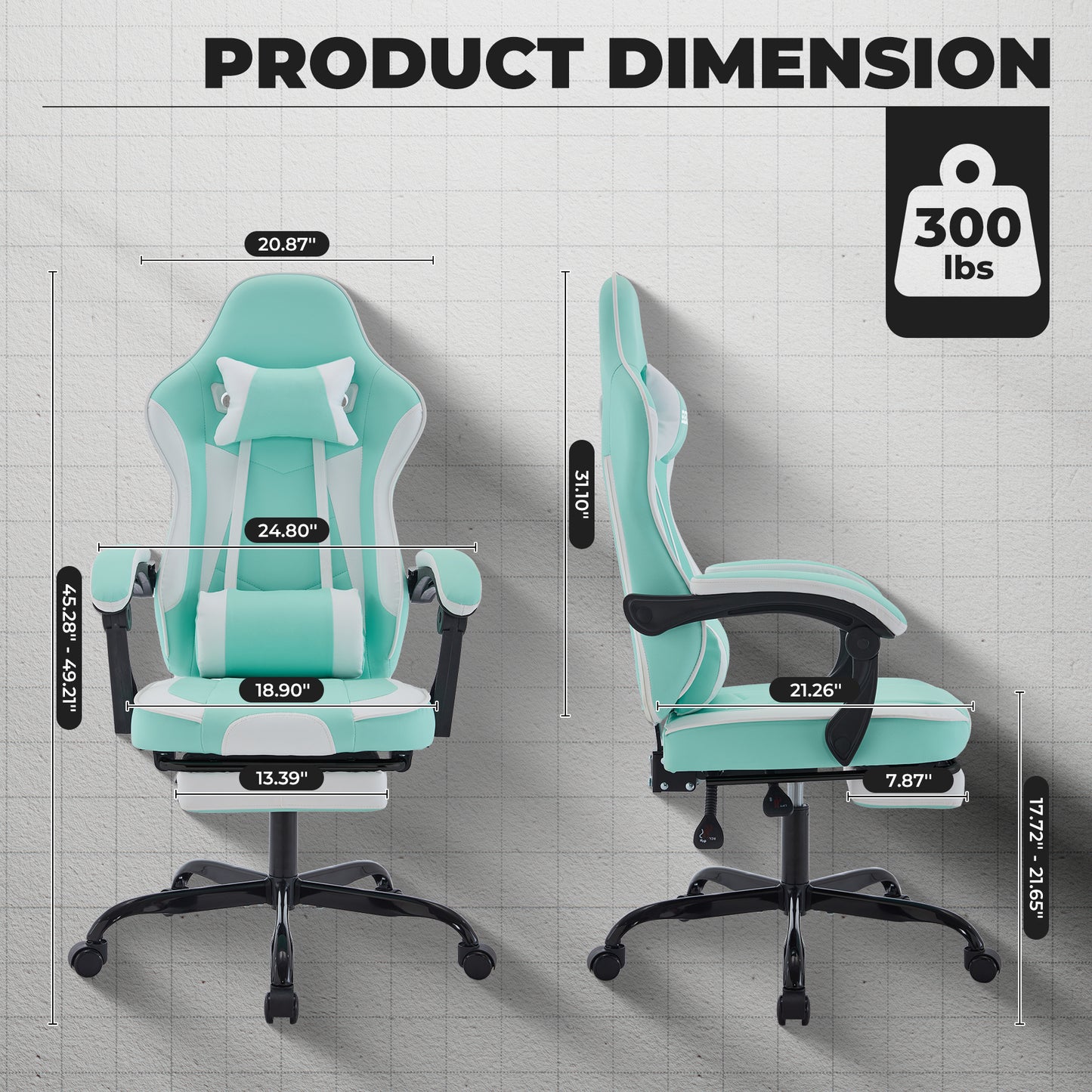 Gaming Chair, Ergonomic Computer Chair with Footrest and Massage Lumbar Support, Height Adjustable Swivel Video Game Chair for Adults, 300lb Max, Green