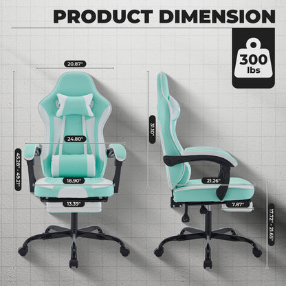 Gaming Chair, Ergonomic Computer Chair with Footrest and Massage Lumbar Support, Height Adjustable Swivel Video Game Chair for Adults, 300lb Max, Green