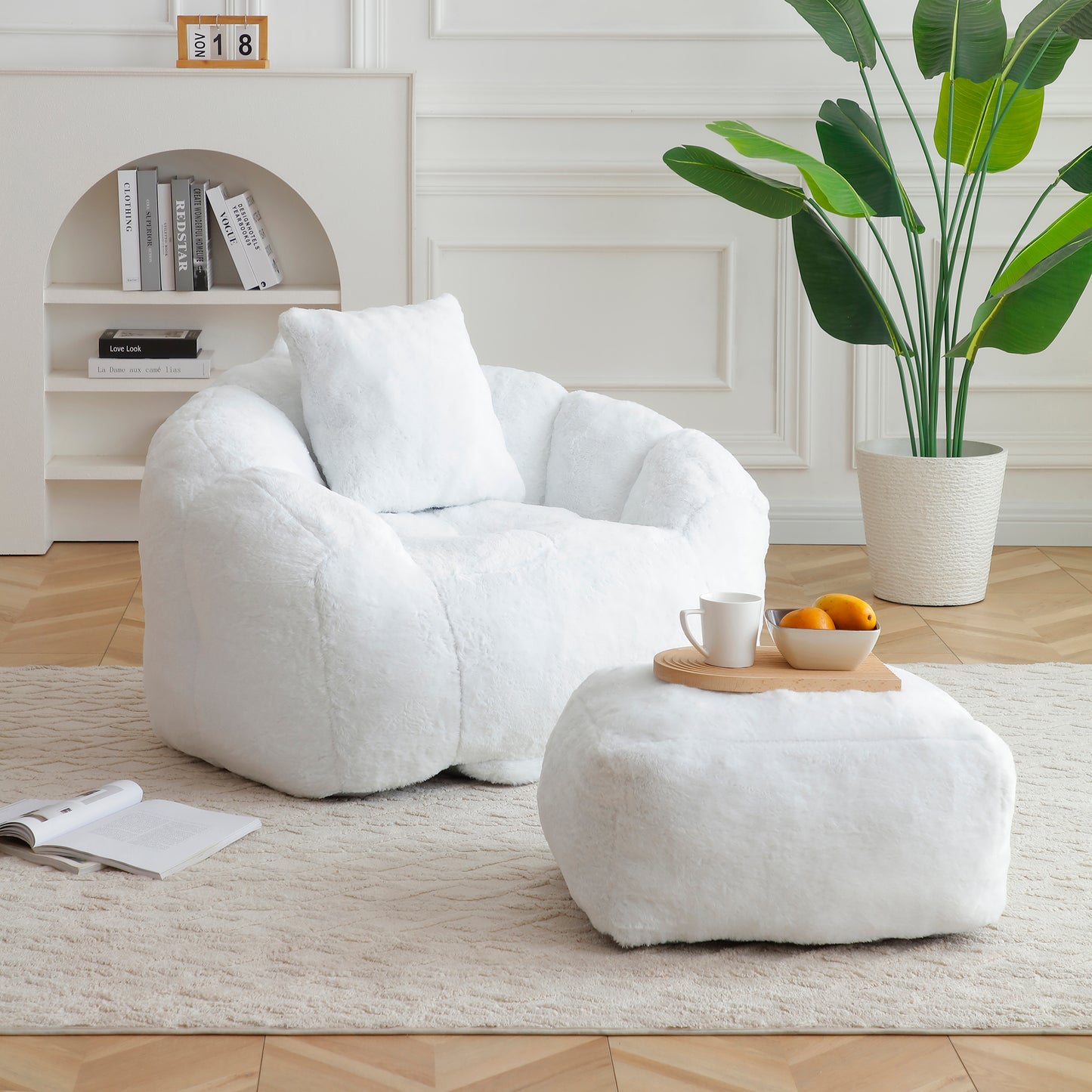 Giant Bean Bag Chair withFootstool, Oversized Bean Bag for Adults and Kids, Faux Fur Shell-Shaped Large Chair with Filler, Stuffed Big Accent Sofa, Floor Sofa for Gaming,Reading Living Room Bedroom