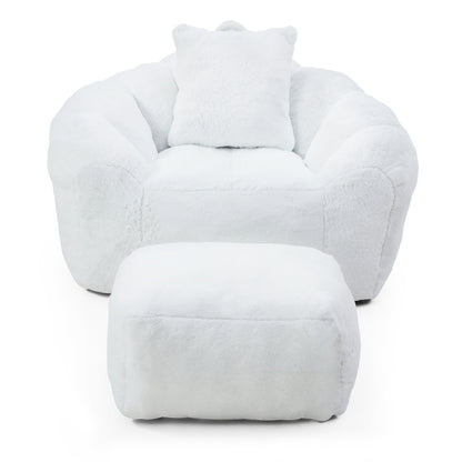 Giant Bean Bag Chair withFootstool, Oversized Bean Bag for Adults and Kids, Faux Fur Shell-Shaped Large Chair with Filler, Stuffed Big Accent Sofa, Floor Sofa for Gaming,Reading Living Room Bedroom