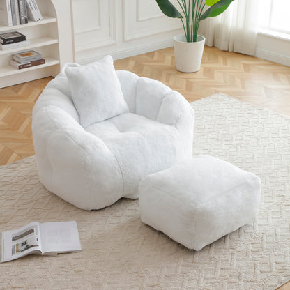 Giant Bean Bag Chair withFootstool, Oversized Bean Bag for Adults and Kids, Faux Fur Shell-Shaped Large Chair with Filler, Stuffed Big Accent Sofa, Floor Sofa for Gaming,Reading Living Room Bedroom