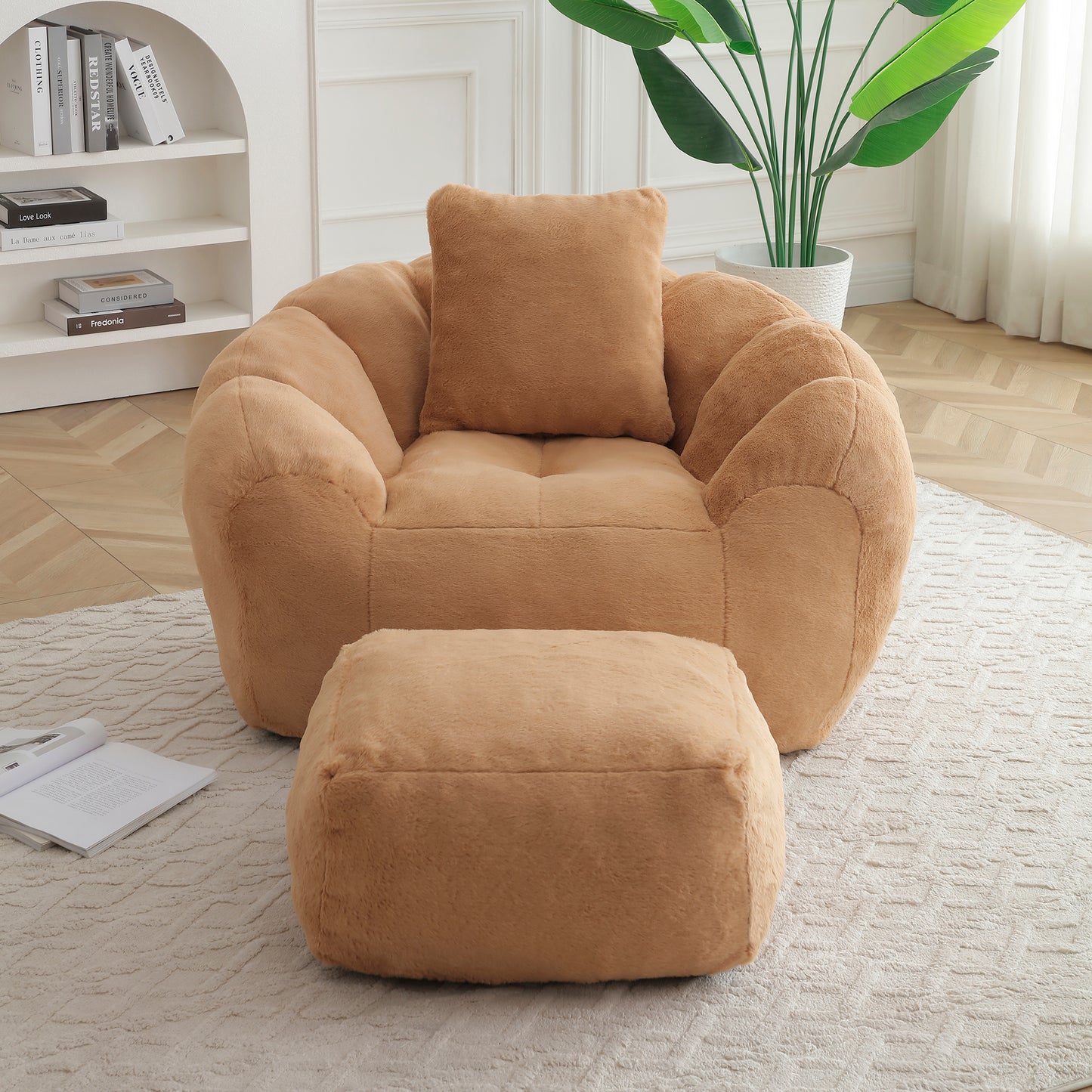Giant Bean Bag Chair, Oversized Bean Bag Couch for Adults and Kids, Faux Fur Shell-Shaped Large Chair with Filler, Stuffed Big Accent Sofa Lounge Floor Sofa for Gaming,Reading Living Room Bedroom