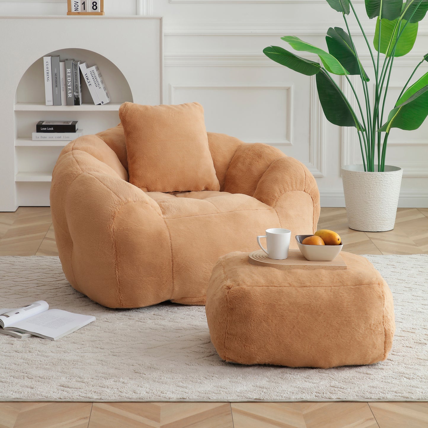 Giant Bean Bag Chair, Oversized Bean Bag Couch for Adults and Kids, Faux Fur Shell-Shaped Large Chair with Filler, Stuffed Big Accent Sofa Lounge Floor Sofa for Gaming,Reading Living Room Bedroom