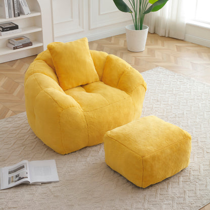 Giant Bean Bag Chair withFootstool, Oversized Bean Bag for Adults and Kids, Faux Fur Shell-Shaped Large Chair with Filler, Stuffed Big Accent Sofa, Floor Sofa for Gaming,Reading Living Room Bedroom