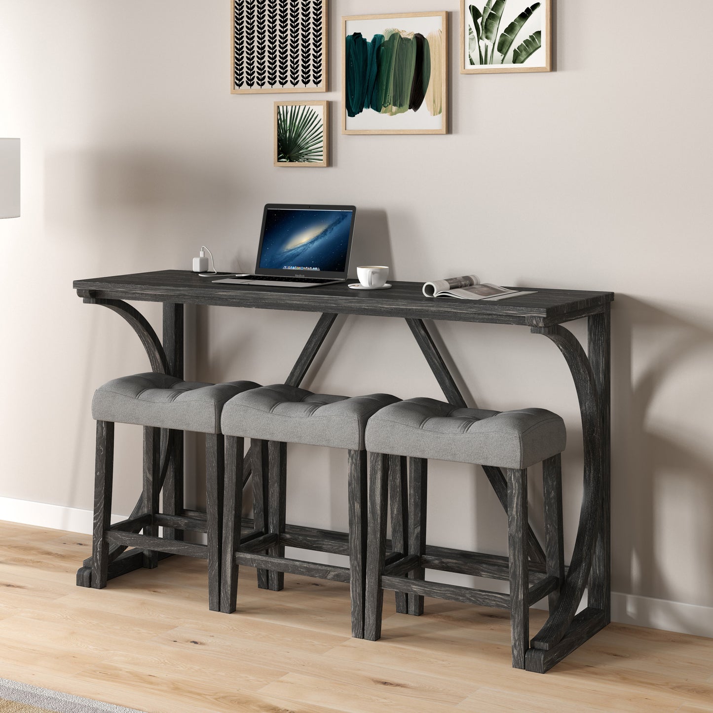 Bar Table Set with Power Outlet, Bar Table and Chairs Set, 4 Piece Dining Table Set, Industrial Breakfast Table Set, for Living Room, Dining Room, Game Room