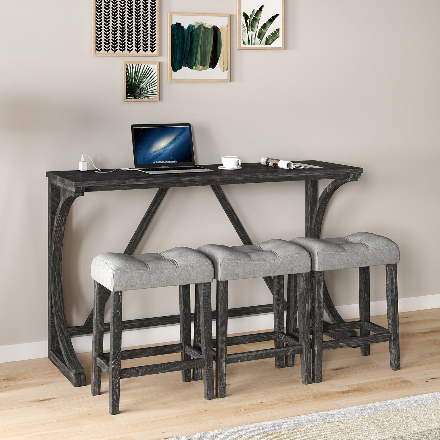 Bar Table Set with Power Outlet, Bar Table and Chairs Set, 4 Piece Dining Table Set, Industrial Breakfast Table Set, for Living Room, Dining Room, Game Room