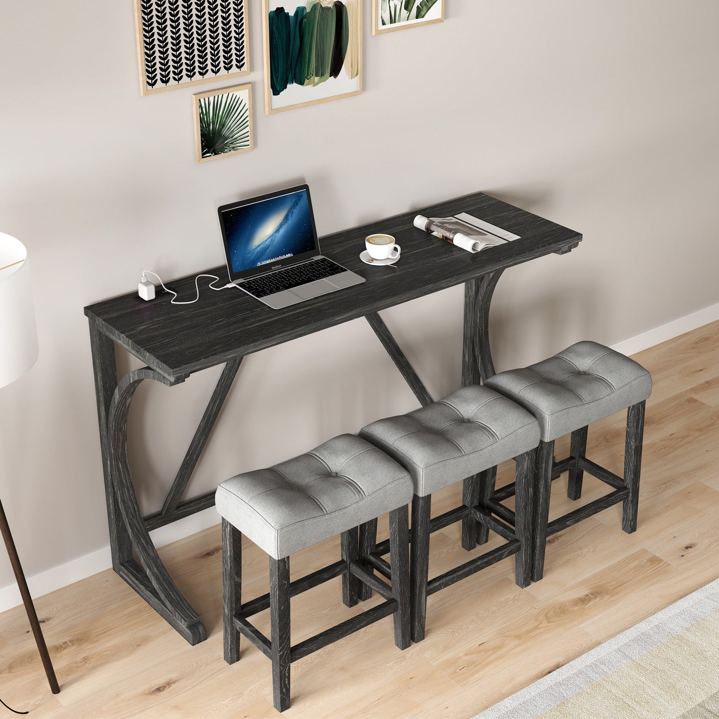 Bar Table Set with Power Outlet, Bar Table and Chairs Set, 4 Piece Dining Table Set, Industrial Breakfast Table Set, for Living Room, Dining Room, Game Room