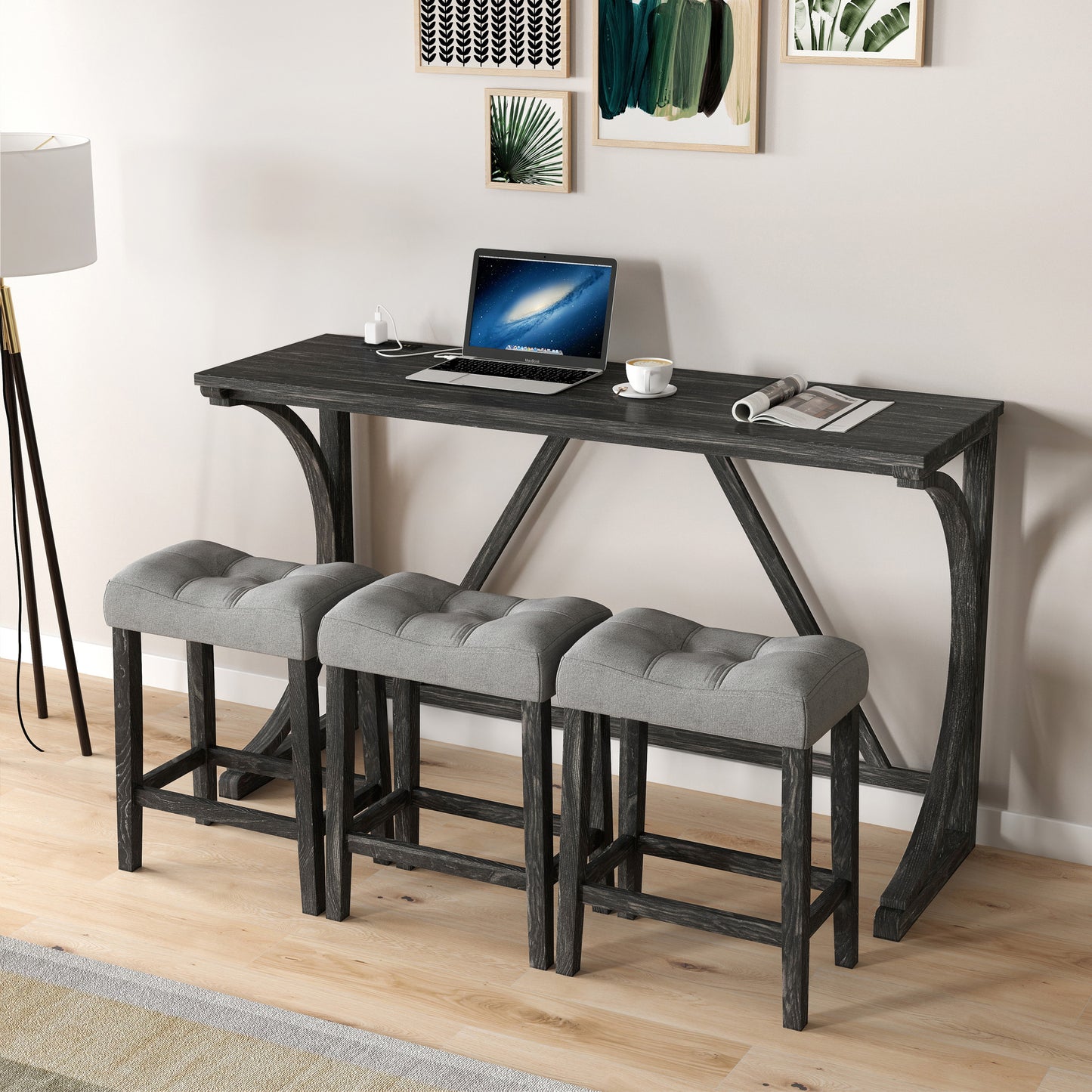 Bar Table Set with Power Outlet, Bar Table and Chairs Set, 4 Piece Dining Table Set, Industrial Breakfast Table Set, for Living Room, Dining Room, Game Room