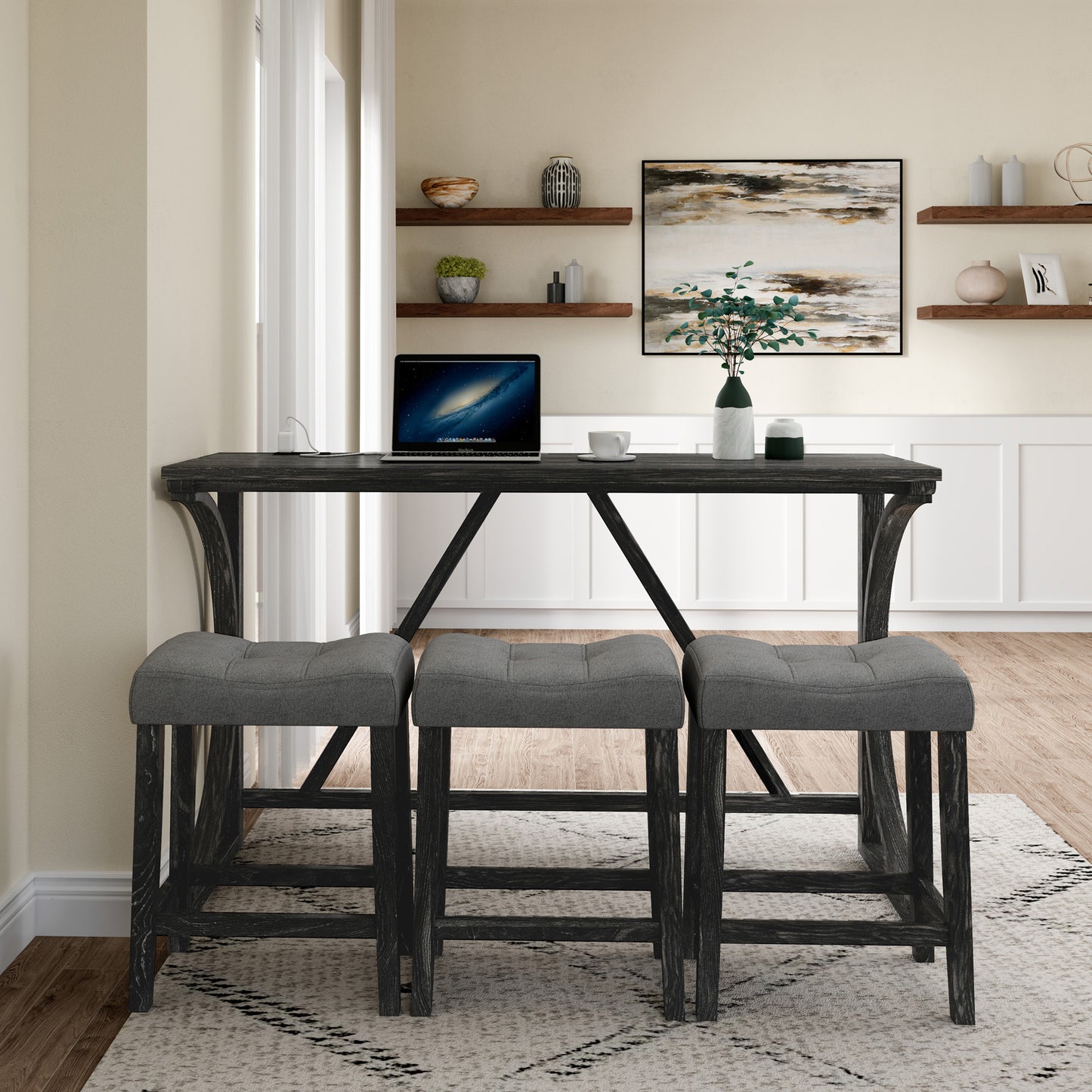 Bar Table Set with Power Outlet, Bar Table and Chairs Set, 4 Piece Dining Table Set, Industrial Breakfast Table Set, for Living Room, Dining Room, Game Room